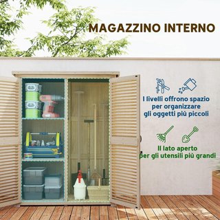 Armario de Jardín con 2 Estantes y Estacas, Casetas de Jardín de Madera de Abeto con Techo Impermeable de Asfalto, 127X65X159.5/168 Cm, Color Madera