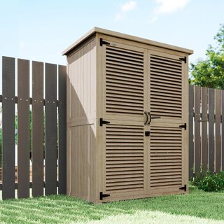 Armario de Jardín con 2 Estantes y Estacas, Casetas de Jardín de Madera de Abeto con Techo Impermeable de Asfalto, 127X65X159.5/168 Cm, Color Madera