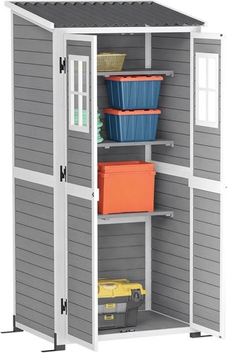 Cobertizo para Herramientas de Jardín de Madera de Abeto con 2 Ventanas y Estantes Ajustables, Caseta de Herramientas de Jardín Bloqueable, Techo Inclinado para Patio Terraza, 91X69X192Cm, Gris Claro