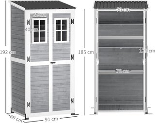 Cobertizo para Herramientas de Jardín de Madera de Abeto con 2 Ventanas y Estantes Ajustables, Caseta de Herramientas de Jardín Bloqueable, Techo Inclinado para Patio Terraza, 91X69X192Cm, Gris Claro