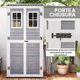 Cobertizo para Herramientas de Jardín de Madera de Abeto con 2 Ventanas y Estantes Ajustables, Caseta de Herramientas de Jardín Bloqueable, Techo Inclinado para Patio Terraza, 91X69X192Cm, Gris Claro