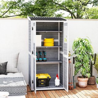 Cobertizo para Herramientas de Jardín de Madera de Abeto con 2 Ventanas y Estantes Ajustables, Caseta de Herramientas de Jardín Bloqueable, Techo Inclinado para Patio Terraza, 91X69X192Cm, Gris Claro