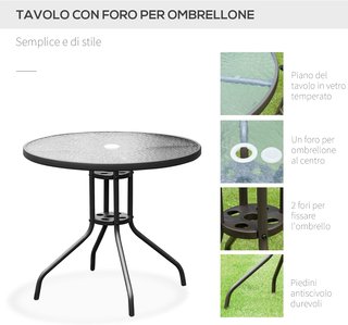 Set di mobili da giardino in tubi d'acciaio 6 pezzi con tavolo, sedia e ombrellone nero