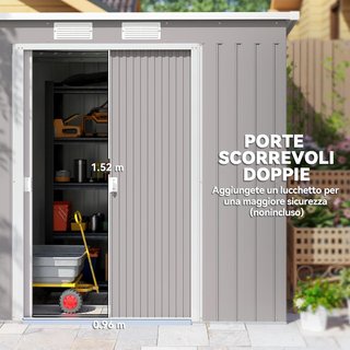 Caseta de Jardín 2.42M² de Acero Galvanizado con Kit de Fundación, Salidas de Aire, Cobertizo para Herramientas con Doble Puerta Corredera Bloqueable, Techo Inclinado, 213X130X172 Cm, Gris