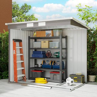 Caseta de Jardín 2.42M² de Acero Galvanizado con Kit de Fundación, Salidas de Aire, Cobertizo para Herramientas con Doble Puerta Corredera Bloqueable, Techo Inclinado, 213X130X172 Cm, Gris