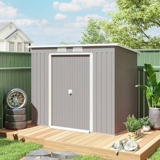 Caseta de Jardín 2.42M² de Acero Galvanizado con Kit de Fundación, Salidas de Aire, Cobertizo para Herramientas con Doble Puerta Corredera Bloqueable, Techo Inclinado, 213X130X172 Cm, Gris