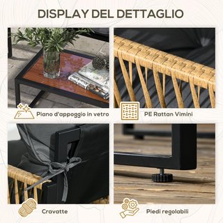 Juego de Muebles de Jardín de Rattan de 4 Piezas, Salón de Jardín Exterior con Sofá de 2 Plazas, 2 Sillas con Cojines y Mesa con Tapa de Vidrio, Juego de Jardín anti UV para Patio, Gris