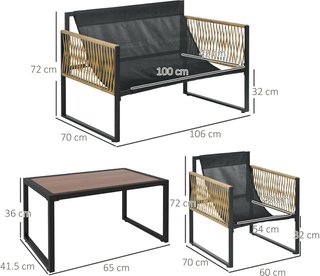 Juego de Muebles de Jardín de Rattan de 4 Piezas, Salón de Jardín Exterior con Sofá de 2 Plazas, 2 Sillas con Cojines y Mesa con Tapa de Vidrio, Juego de Jardín anti UV para Patio, Gris