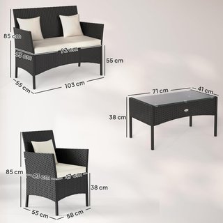 Juego de Jardín de 4 Piezas de Ratán con 2 Sillas, Sofá de Jardín de 2 Plazas y Mesa Baja de Café, Negro y Crema