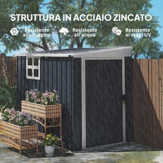 Caseta De Jardín 2.6M² De Acero Galvanizado Con 2 Rejillas De Ventilación Y Ventana Transparente, Cobertizo Para Herramientas Con Techo Inclinado, Puerta Bloqueable, Impermeable Y Anti UV, Gris Oscuro