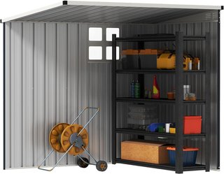 Caseta De Jardín 2.6M² De Acero Galvanizado Con 2 Rejillas De Ventilación Y Ventana Transparente, Cobertizo Para Herramientas Con Techo Inclinado, Puerta Bloqueable, Impermeable Y Anti UV, Gris Oscuro