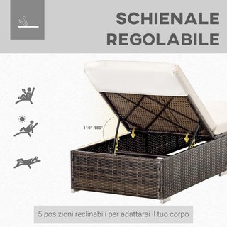 Tumbona de Rattan PE con Respaldo Reclinable en 5 Posiciones, Silla de Jardín con Cojines Desmontables, Marrón