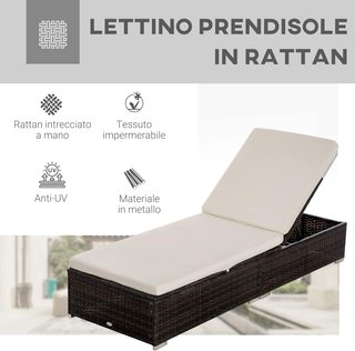 Tumbona de Rattan PE con Respaldo Reclinable en 5 Posiciones, Silla de Jardín con Cojines Desmontables, Marrón