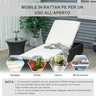 Tumbona de Rattan PE con Respaldo Reclinable en 5 Posiciones, Silla de Jardín con Cojines Desmontables, Marrón