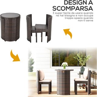 Conjunto de Mesa y Sillas de Jardín o Exterior de Rattan, Conjunto de 3 Piezas, Marrón y Beige