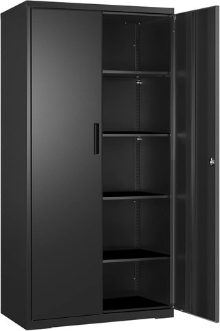 Armario de Garaje de 5 Estantes con 2 Puertas, Armario de Oficina, 40 X 80 X 180 Cm, 1 Cerradura, Estantes Ajustables, Armario de Metal, Negro Mate