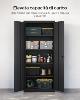 Armario de Garaje de 5 Estantes con 2 Puertas, Armario de Oficina, 40 X 80 X 180 Cm, 1 Cerradura, Estantes Ajustables, Armario de Metal, Negro Mate