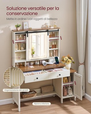 Colección LIRY - Tocador con Espejo y Luces, Estación de Maquillaje con Taburete Estilo Granja, Enchufes, 2 Cajones, Organizador de Joyas, Blanco Vintage y Marrón Miel RDT136W01