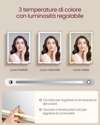 Colección LIRY - Tocador con Espejo y Luces, Estación de Maquillaje con Taburete Estilo Granja, Enchufes, 2 Cajones, Organizador de Joyas, Blanco Vintage y Marrón Miel RDT136W01