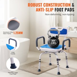 Silla de Ducha Giratoria 360 Grados, Asiento de Ducha Ajustable con Reposabrazos y Respaldo para Ducha o Bañera, Silla de Bañera Rotativa Antideslizante para Ancianos, Discapacitados o Lesionados,...