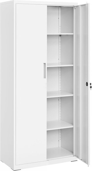 Armario de Garaje de 5 Estantes con 2 Puertas, Armario de Oficina, 40 X 80 X 180 Cm, 1 Cerradura, Estantes Ajustables, Armario de Metal, Blanco Mate OMC015W01