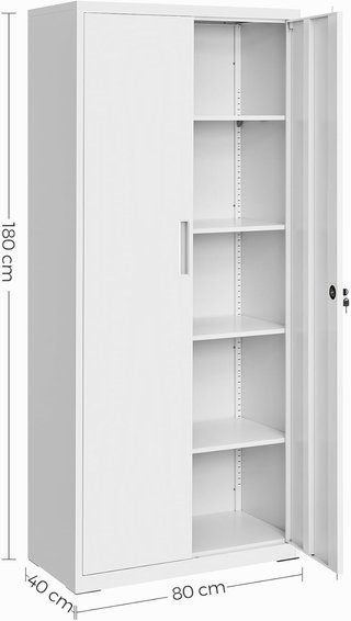 Armario de Garaje de 5 Estantes con 2 Puertas, Armario de Oficina, 40 X 80 X 180 Cm, 1 Cerradura, Estantes Ajustables, Armario de Metal, Blanco Mate OMC015W01