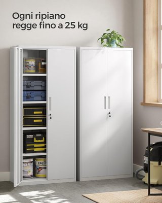 Armario de Garaje de 5 Estantes con 2 Puertas, Armario de Oficina, 40 X 80 X 180 Cm, 1 Cerradura, Estantes Ajustables, Armario de Metal, Blanco Mate OMC015W01