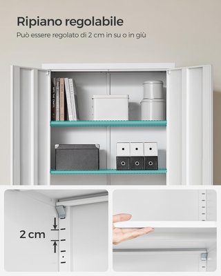 Armario de Garaje de 5 Estantes con 2 Puertas, Armario de Oficina, 40 X 80 X 180 Cm, 1 Cerradura, Estantes Ajustables, Armario de Metal, Blanco Mate OMC015W01