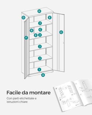 Armario de Garaje de 5 Estantes con 2 Puertas, Armario de Oficina, 40 X 80 X 180 Cm, 1 Cerradura, Estantes Ajustables, Armario de Metal, Blanco Mate OMC015W01