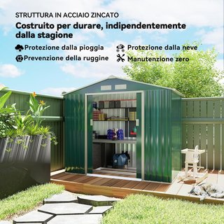 Caseta De Jardín 2.5M² en Acero Galvanizado Con Base y Salidas de Aire, Cobertizo para Herramientas Con Techo Inclinado, Doble Puertas Correderas Bloqueables, 213X130X185 Cm, Verde Oscuro