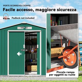 Caseta De Jardín 2.5M² en Acero Galvanizado Con Base y Salidas de Aire, Cobertizo para Herramientas Con Techo Inclinado, Doble Puertas Correderas Bloqueables, 213X130X185 Cm, Verde Oscuro