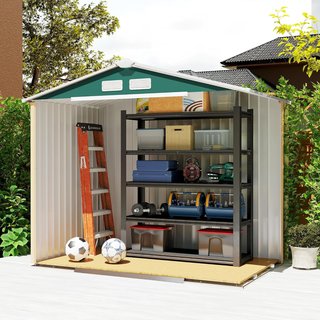 Caseta De Jardín 2.5M² en Acero Galvanizado Con Base y Salidas de Aire, Cobertizo para Herramientas Con Techo Inclinado, Doble Puertas Correderas Bloqueables, 213X130X185 Cm, Verde Oscuro