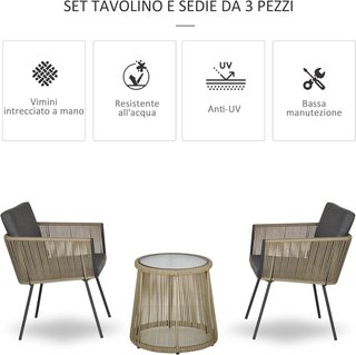 Set da Giardino 3 Pezzi in Rattan PE e Acciaio, Set di 2 Sedie Con Cuscini Lavabili, Braccioli, Tavolo da Caffè Con Piano in Vetro, Set di Mobili per Balcone, Patio, Giardino, Caffè/Grigio Scuro