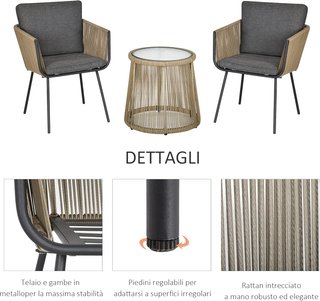 Set da Giardino 3 Pezzi in Rattan PE e Acciaio, Set di 2 Sedie Con Cuscini Lavabili, Braccioli, Tavolo da Caffè Con Piano in Vetro, Set di Mobili per Balcone, Patio, Giardino, Caffè/Grigio Scuro