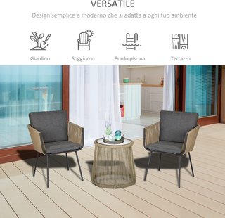 Set da Giardino 3 Pezzi in Rattan PE e Acciaio, Set di 2 Sedie Con Cuscini Lavabili, Braccioli, Tavolo da Caffè Con Piano in Vetro, Set di Mobili per Balcone, Patio, Giardino, Caffè/Grigio Scuro