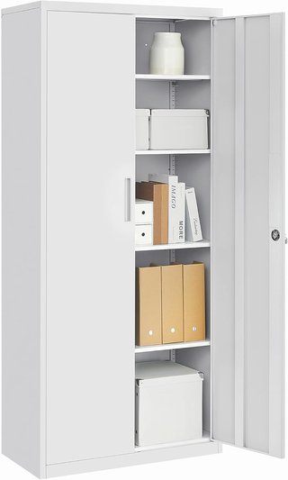Armario de Garaje de 5 Estantes con 2 Puertas, Armario de Oficina, 40 X 80 X 180 Cm, 1 Cerradura, Estantes Ajustables, Armario de Metal, Gris Mate OMC015G01