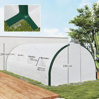 Invernadero de túnel 6X3 M con 2 puertas con cremallera y 8 ventanas, invernadero para huerto en PE, acero galvanizado y poliéster, blanco y verde