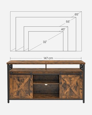 Mueble de TV para Televisor de Hasta 65 Pulgadas, Mesa de TV con Estantes Ajustables, Puertas Estilo Granero, Vintage, Estructura de Metal, Marrón Vintage y Negro LTV071B01V1