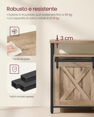 Mueble de TV para Televisores de Hasta 65 Pulgadas, Mesa de TV con Estantes Ajustables, Puertas Estilo Granero, Vintage, Estructura de Metal, Marrón Camello y Negro Sencillo LTV071B50V1