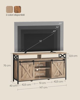 Mueble de TV para Televisores de Hasta 65 Pulgadas, Mesa de TV con Estantes Ajustables, Puertas Estilo Granero, Vintage, Estructura de Metal, Marrón Camello y Negro Sencillo LTV071B50V1
