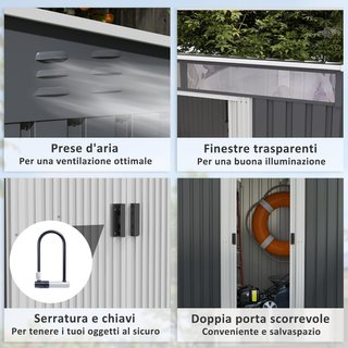 Caseta de Jardín para Herramientas de Acero 1.2X2X1.8M Con Base, Cobertizo de Jardín Con Ventanas Transparentes, Cerradura, Puerta Corredera, Techo Inclinado, 2 Ganchos y 2 Salidas de Aire, Gris