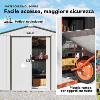 Caseta De Jardín 2.5M² de Acero Galvanizado Con Base Y Ventilaciones, Cobertizo Para Herramientas Con Techo Inclinado, Doble Puertas Correderas Bloqueables, 213X130X185 Cm, Blanco Plateado