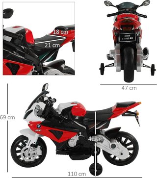 Moto Eléctrica para Niños de 3 a 8 Años con Licencia BMW, Velocidad 2.5-5Km/H, Motocicleta Eléctrica con Batería de 12V, Ruedecillas y Luces, 110X47X69 Cm, Negro y Rojo