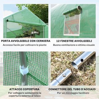 Invernadero de Jardín en Túnel 8X3X2 M con Puerta Enrollable, Invernadero para Huerto en Punta con 12 Ventanas, Cubierta de PE y Estructura de Acero, Verde