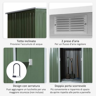 Caseta de Jardín de Acero con Techo Inclinado, Doble Puerta Corredera y Ventilaciones, 213X130X173 Cm, Verde