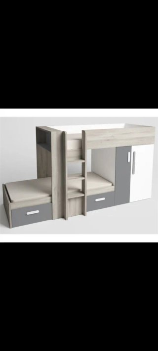 Cama tren modular con armario y cajones.
