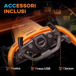 Coche Eléctrico de 12V para Niños de 3-5 Años con Licencia McLaren, Coche Eléctrico con Suspensión, Control Remoto, Música, MP3 y Claxon, en PP y Acero Inoxidable, 115X67X50 Cm, Naranja