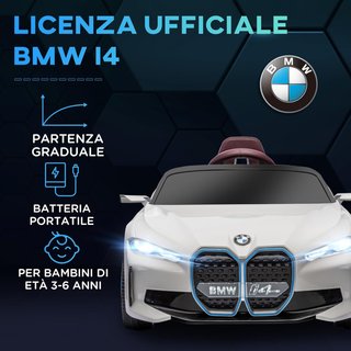 Coche Eléctrico para Niños de 3-6 Años con Licencia BMW I4 con Control Remoto, Claxon y Faros, Juguete de Coche 12V en PP y Metal, 115X67X45 Cm, Blanco, Rojo y Azul