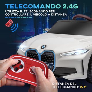 Coche Eléctrico para Niños de 3-6 Años con Licencia BMW I4 con Control Remoto, Claxon y Faros, Juguete de Coche 12V en PP y Metal, 115X67X45 Cm, Blanco, Rojo y Azul