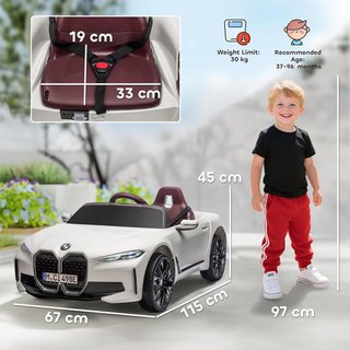 Coche Eléctrico para Niños de 3-6 Años con Licencia BMW I4 con Control Remoto, Claxon y Faros, Juguete de Coche 12V en PP y Metal, 115X67X45 Cm, Blanco, Rojo y Azul